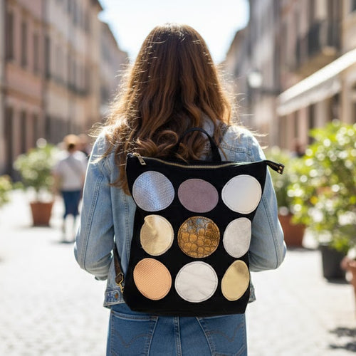 Black Suede 2-in-1 Backpack with Leather Circles | Handmade - Nadin's Leather Studio