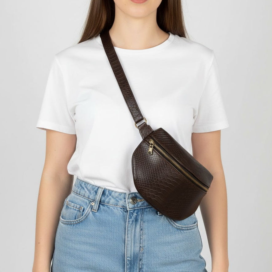 Brown Embossed Leather Crossbody Bag | Handmade, Adjustable Strap - Nadin's Leather Studio
