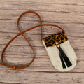 White fur phone crossbody bag with leopard print flap