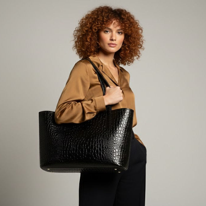 Luxury Leather Laptop Bag with Croco Emboss | With Organiser, Handmade - Nadin's Leather Studio
