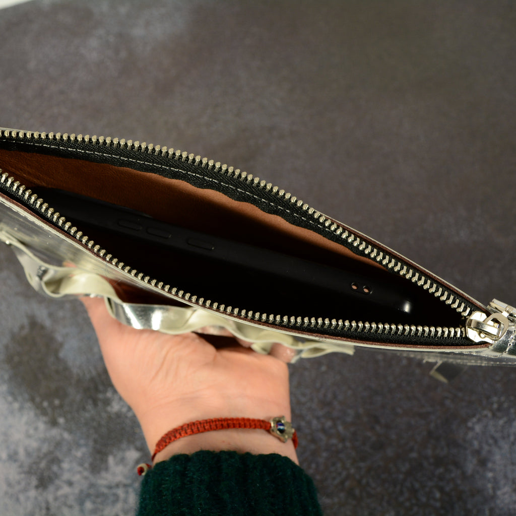 Metallic Leather Half Moon Clutch – Handmade Evening Bag with Braided Handle, 2 Colours - Nadin's Leather Studio