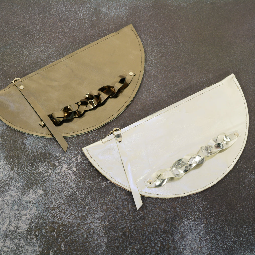 Metallic Leather Half Moon Clutch – Handmade Evening Bag with Braided Handle, 2 Colours - Nadin's Leather Studio
