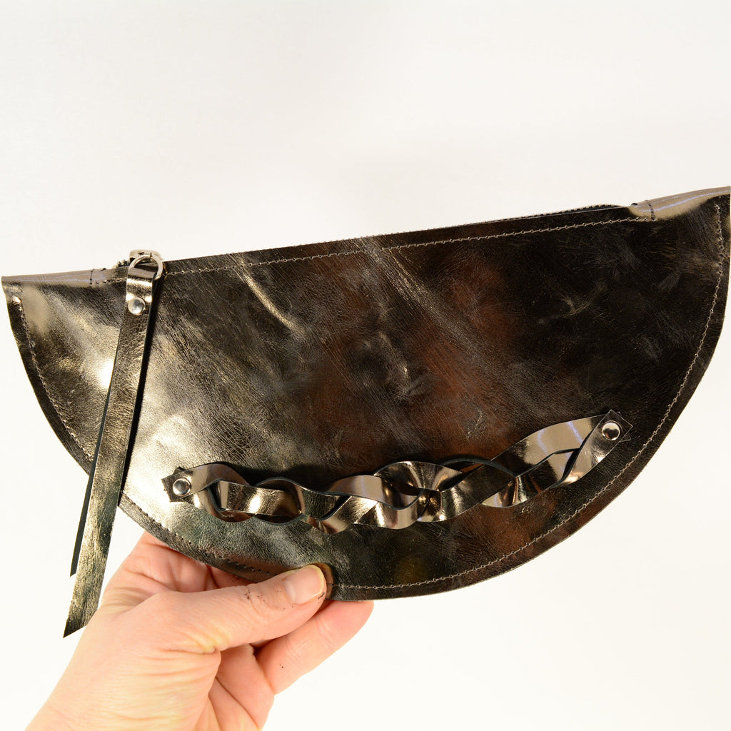 Metallic Leather Half Moon Clutch – Handmade Evening Bag with Braided Handle, 2 Colours - Nadin's Leather Studio