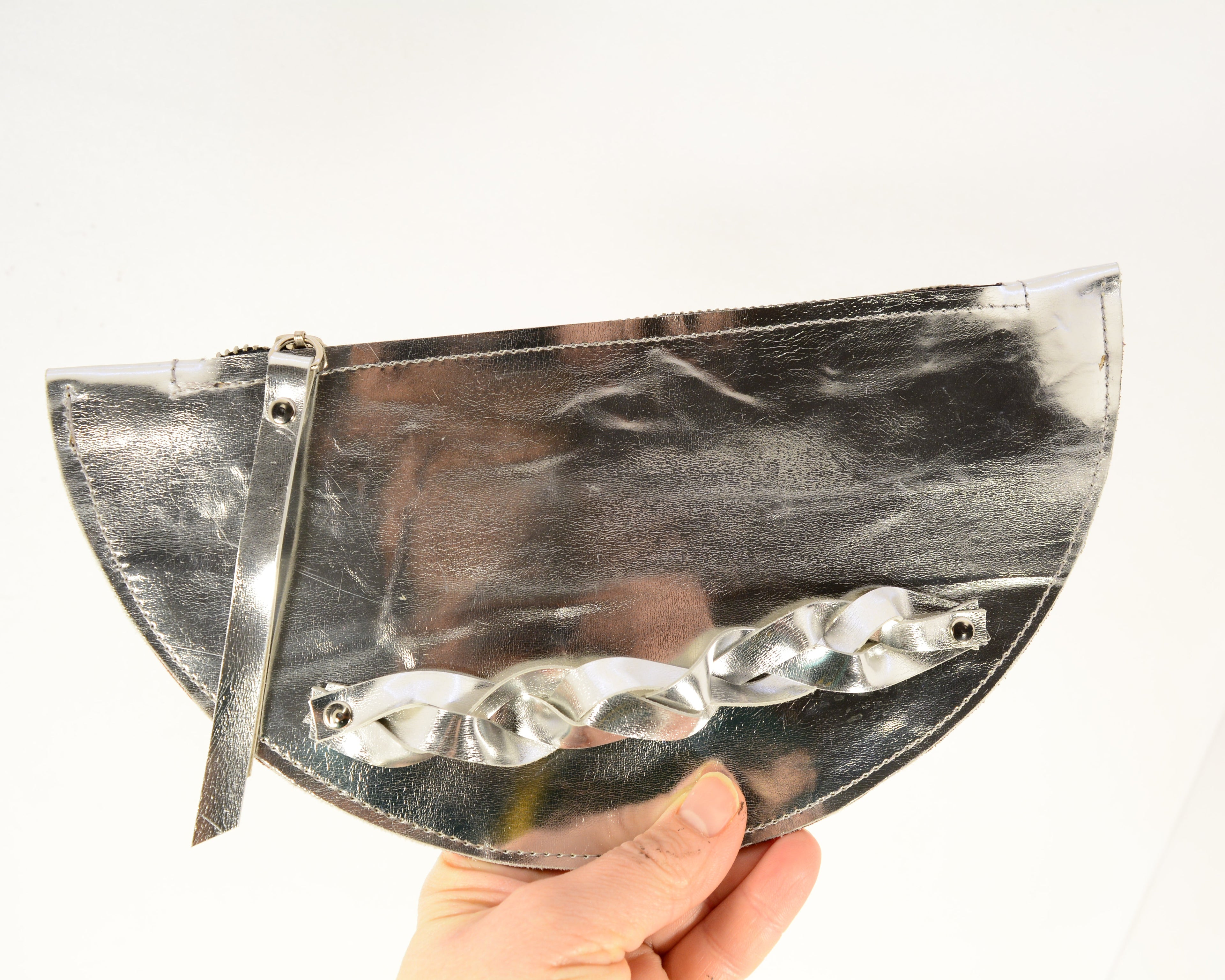 Metallic Leather Half Moon Clutch – Handmade Evening Bag with Braided Handle, 2 Colours - Nadin's Leather Studio