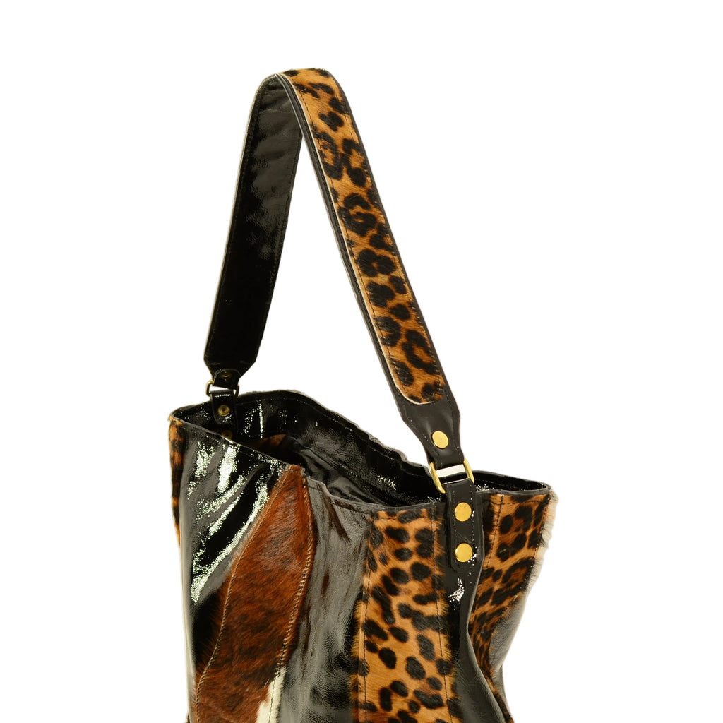 Patchwork Leather Bag – Leopard & Patent Finish | Handmade - Nadin's Leather Studio