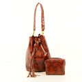 Python Print Leather Bucket Bag & Cosmetic Pouch Set – Handmade, Gold Hardware, Tassel - Nadin's Leather Studio
