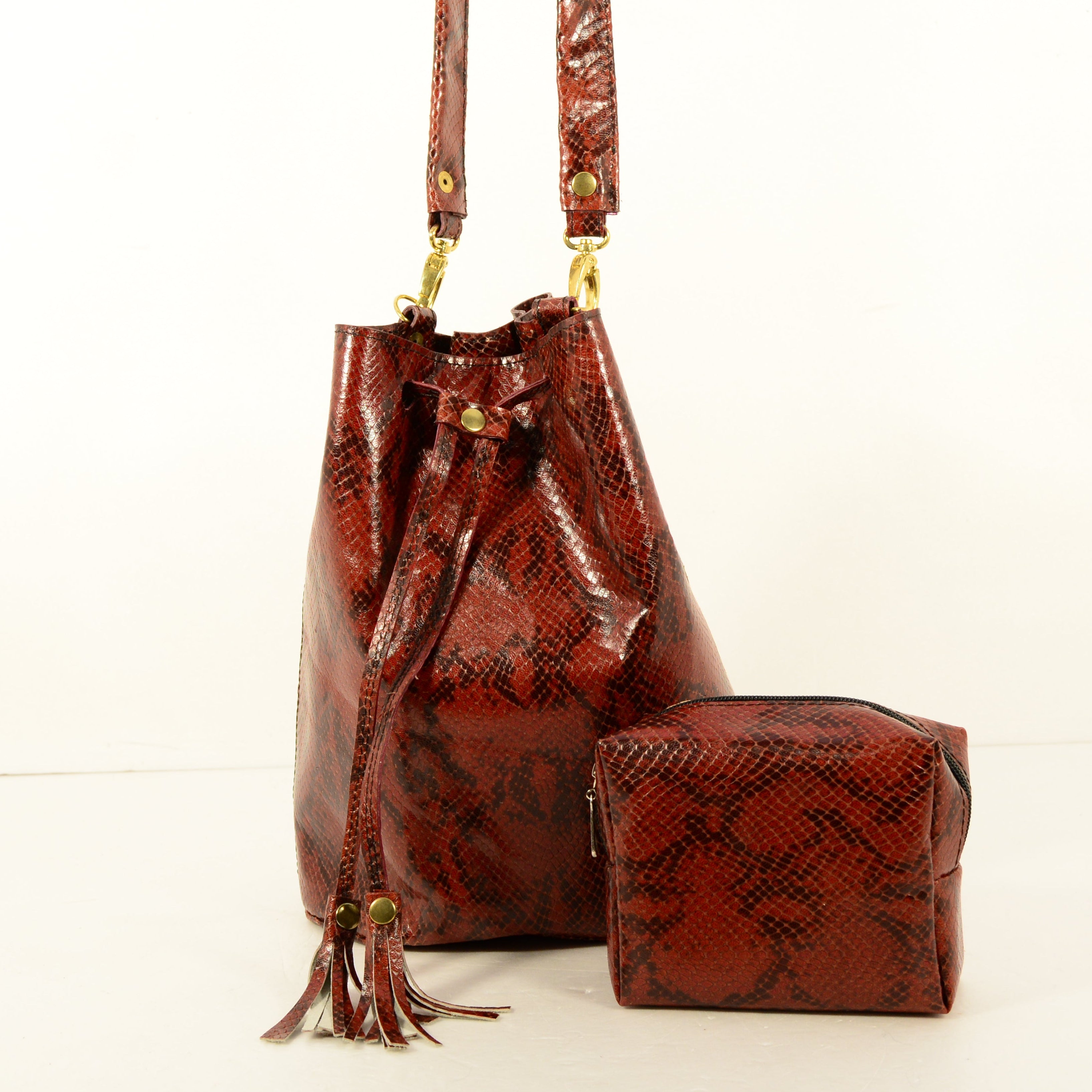 Python Print Leather Bucket Bag & Cosmetic Pouch Set – Handmade, Gold Hardware, Tassel - Nadin's Leather Studio