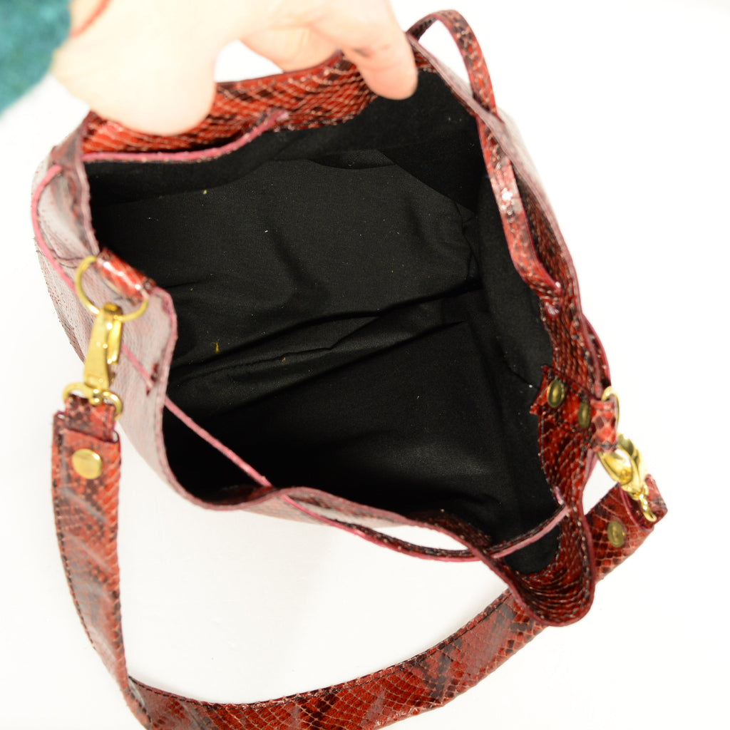 Python Print Leather Bucket Bag & Cosmetic Pouch Set – Handmade, Gold Hardware, Tassel - Nadin's Leather Studio