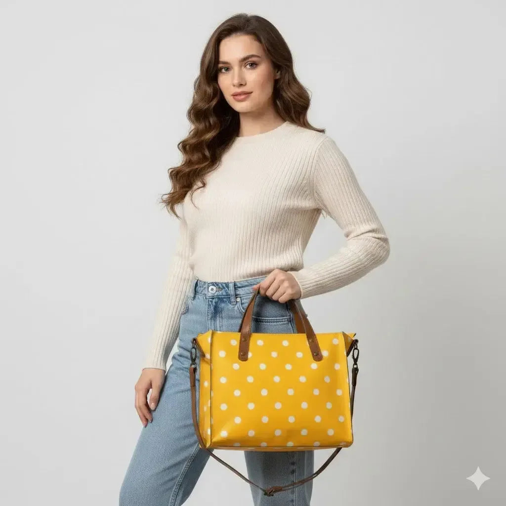 Дизайнерска жълта кожена чанта – комплект с портфейл и аксесоари - Nadin's Leather Studio